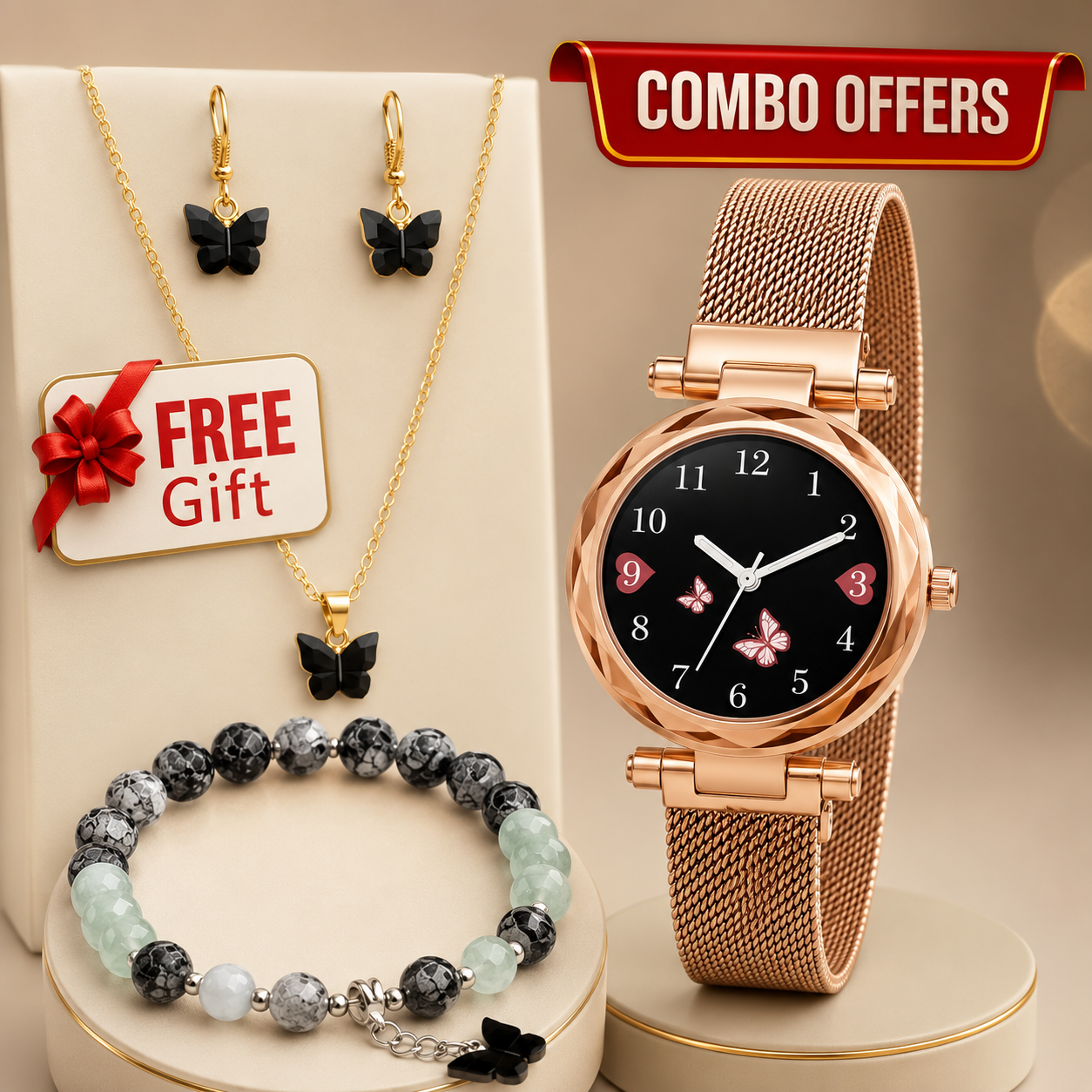 Women’s Butterfly Design Analog Watch with Bracelet, Necklace & Earrings-Combo Gift Set