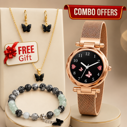 Women’s Butterfly Design Analog Watch with Bracelet, Necklace & Earrings-Combo Gift Set