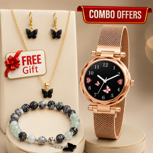 Women’s Butterfly Design Analog Watch with Bracelet, Necklace & Earrings-Combo Gift Set