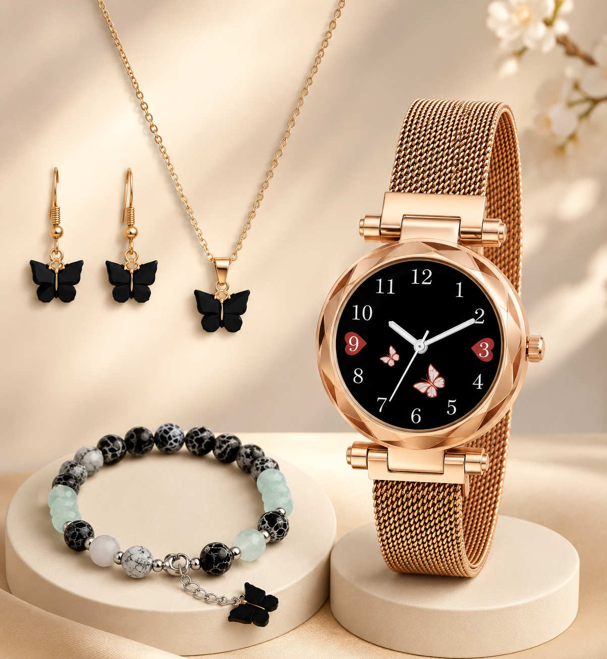 Women’s Butterfly Design Analog Watch with Bracelet, Necklace & Earrings-Combo Gift Set