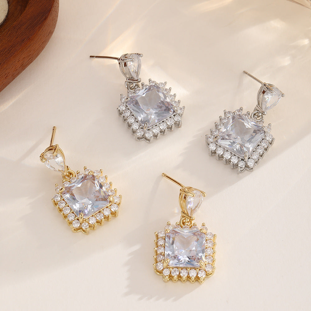 European And American Style French Minimal Luxe Square Zircon Earrings